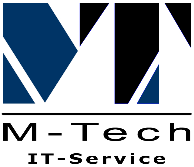 Buchstaben M + T werden mit geometrischen Formen dargestellt. Darunter in Text: M-Tech IT-Service